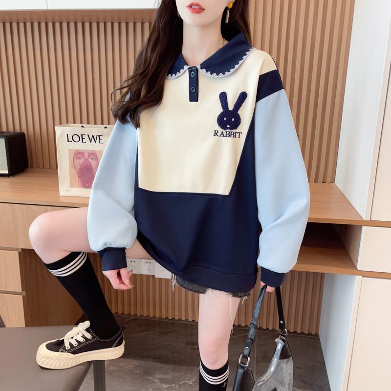 实拍2025秋装华棉复牛奶丝大码撞色拼接刺绣polo领薄款卫衣女