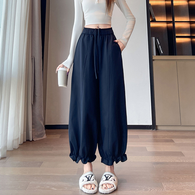 实拍 木耳边花苞裤女秋季松紧腰显瘦宽松休闲阔腿九分哈伦灯笼裤