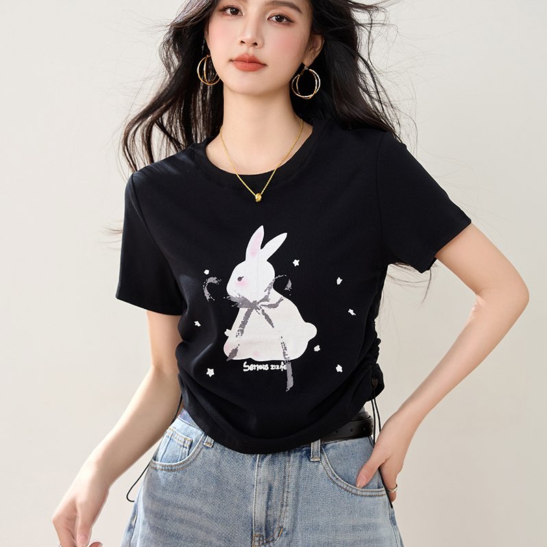 实拍有2026夏季美式复古兔子印花图案正肩短袖T恤女