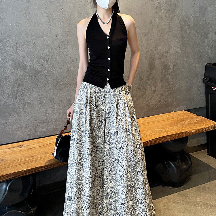 实拍 重工法式复古印花阔腿裙裤女2026夏季新款A字阔腿九分大腿裤