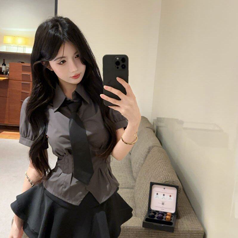 实拍实价 纯欲jk制服灰色短袖衬衫气质收腰衬衣百搭蓬蓬短裙套装