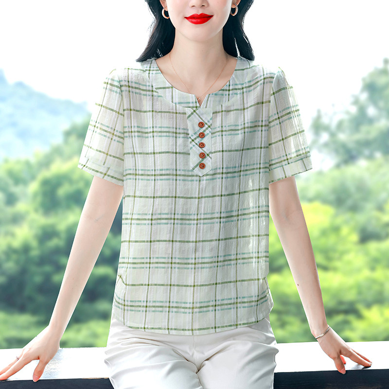 时尚棉麻短袖上衣中年妈妈格子减龄小衫夏季新款圆领短袖雪纺衫