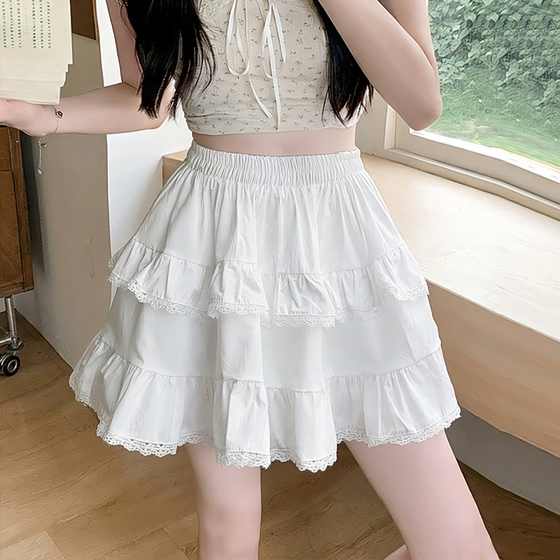 实拍白色蕾丝蛋糕短裙女夏季法式高腰显瘦花边a字芭蕾蓬蓬半身裙