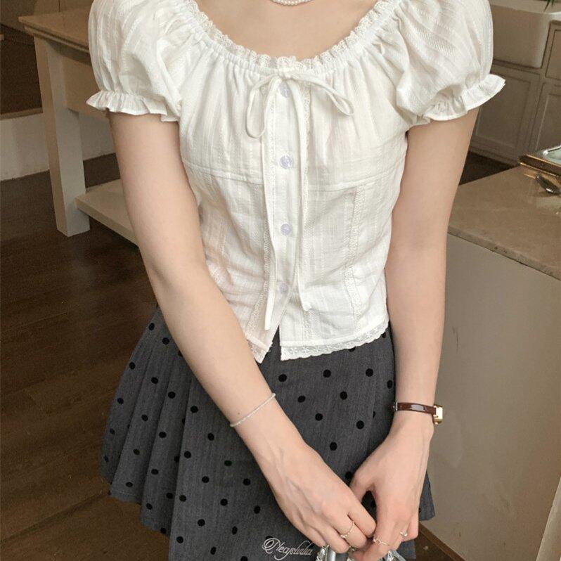 实拍实价少女感可爱蕾丝花边小衫夏短袖泡泡袖衬衣甜美上衣