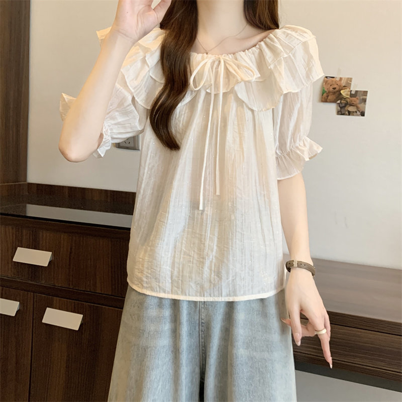 实拍小清新甜美一字领雪纺上衣女夏季新款不规则亮片荷叶边短袖