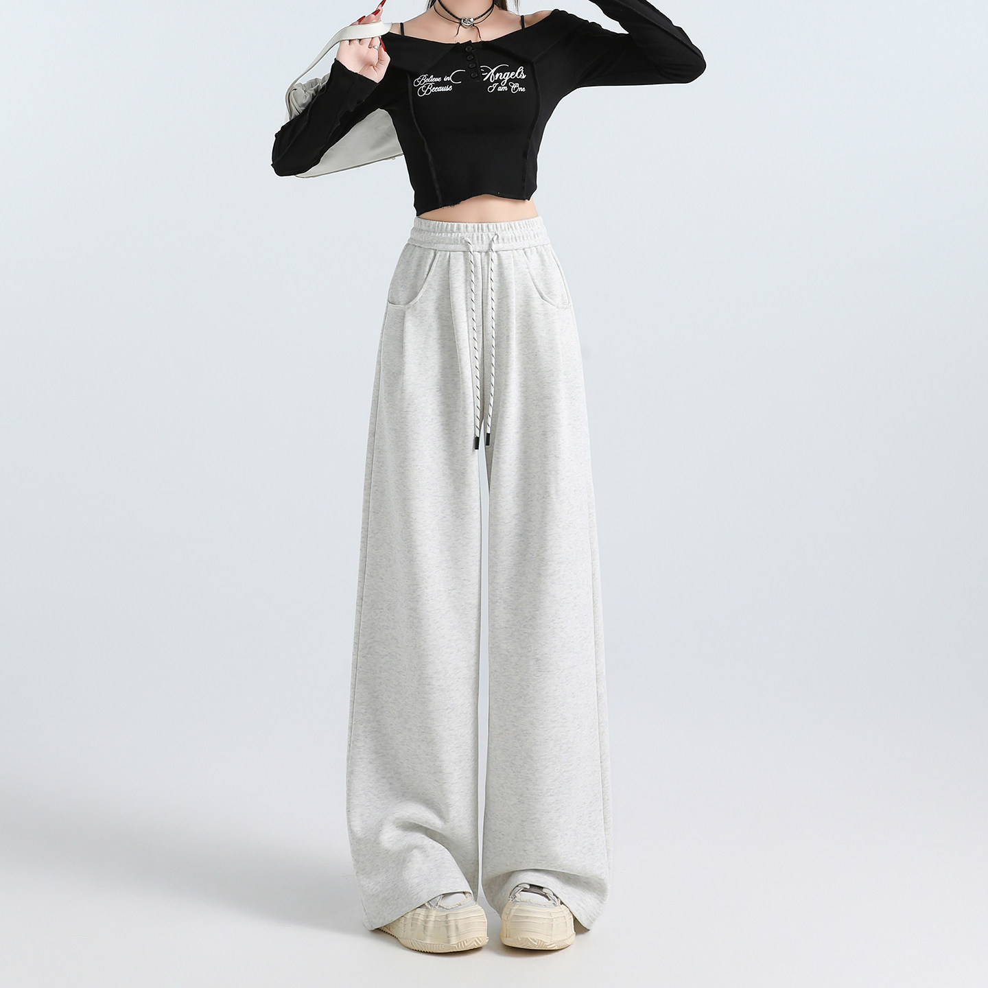 实拍2026新款美式慵懒风休闲卫裤女阔腿宽松直筒垂感运动拖地裤子