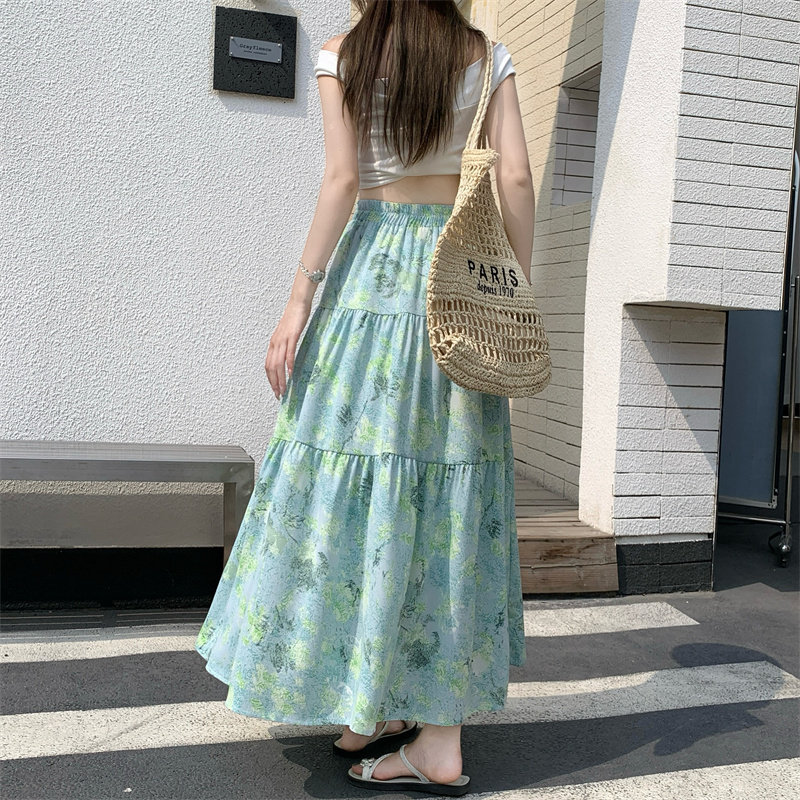 模特实拍韩系风淡雅清新印花A字半身裙中长款淑女拼接长裙