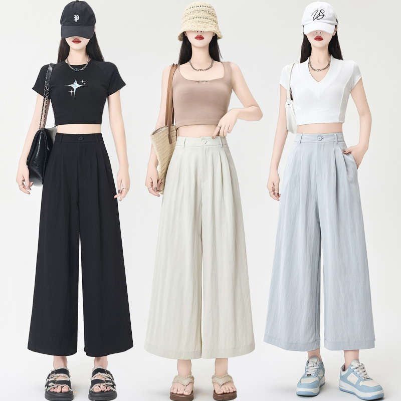 实拍天丝西装裤女夏薄款2025新款高腰垂感直筒休闲冰丝八分阔腿裤
