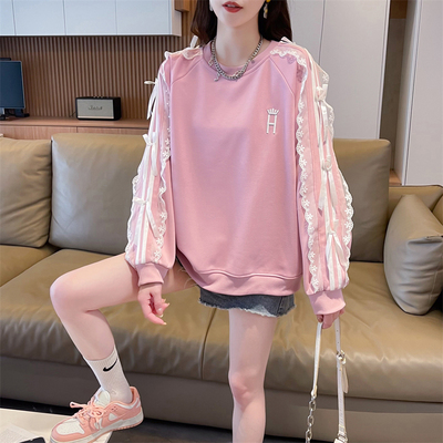 实拍 复合克刺绣秋季薄款拉杆花边圆领卫衣女潮