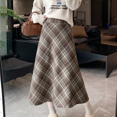 实拍大码胖MM冬季韩版毛呢高腰长裙chi格子中长半身裙女