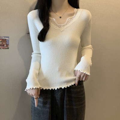 实拍 胖妹妹秋装大码女装蕾丝拼接木耳边针织衫显瘦休闲V领上衣潮