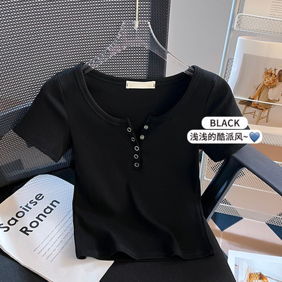 实拍正肩T恤女春夏修身短款2026新款圆领打底衫纯色短袖显瘦上衣