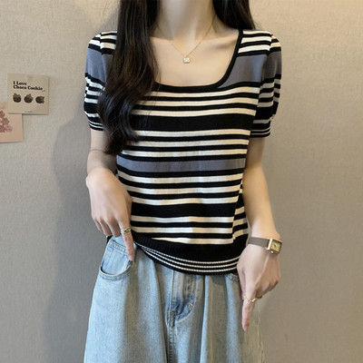 实拍 胖妹妹夏装大码女装2026年新款条纹拼色冰丝短袖T恤U领上衣