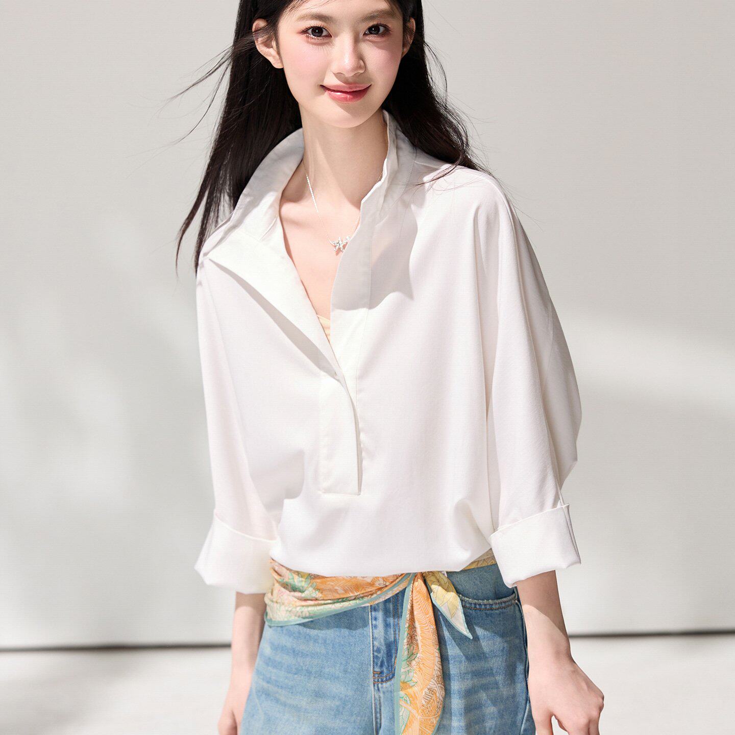 已出货2026夏季新款慵懒蝙蝠袖上衣法式通勤宽松显瘦五分袖白衬衫
