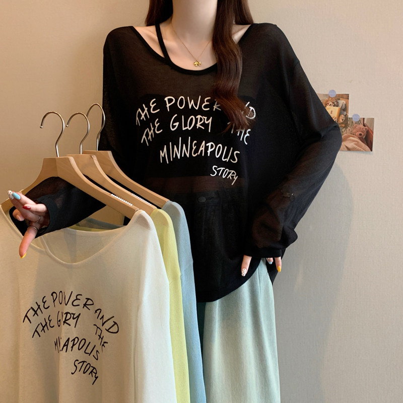 实拍胖MM不规则领口字母透视感大码显瘦休闲针织防晒女空调罩衫