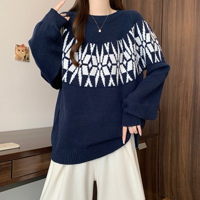 实拍大码慵懒风秋冬软糯长袖女毛衣胖MM提花保暖套头打底针织衫