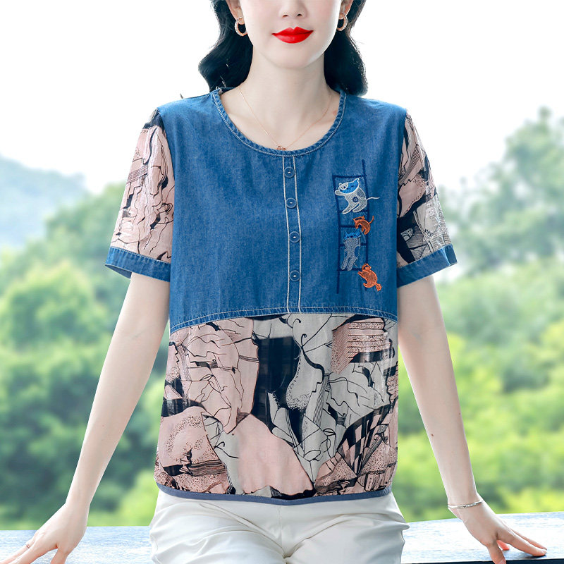 新款圆领上衣宽松遮肚子短袖牛仔雪纺拼接时尚百搭妈妈装女士小衫