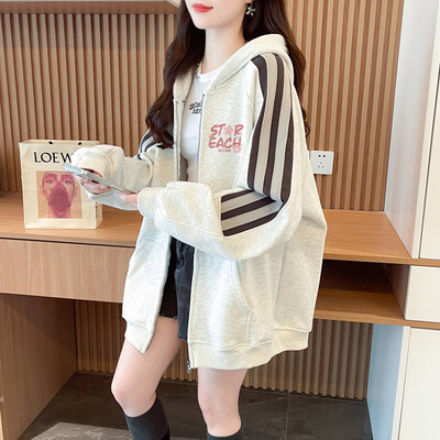 实拍 纯棉华棉复牛奶丝克 2025秋季中长款连帽卫衣外套女