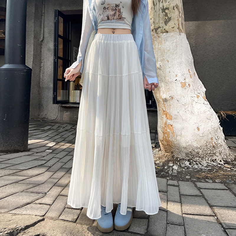 实拍 白色压褶半身裙女2026春夏新款高腰显瘦a字遮胯大摆百褶长裙