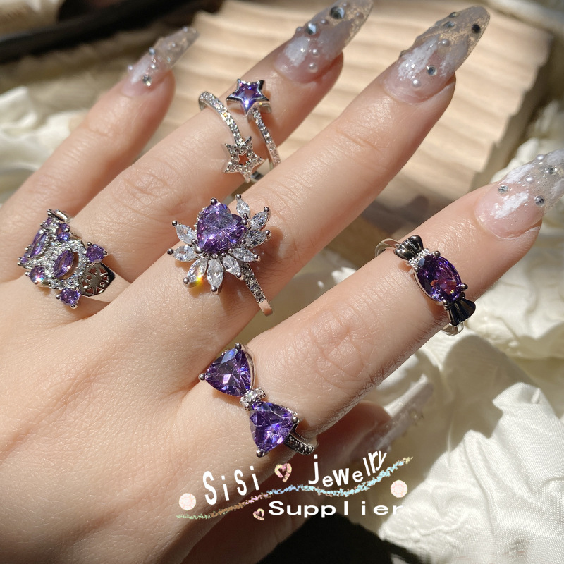 Sisi小红书同款紫宝石戒指女 镀18K锆石仿复古彩宝紫锂辉活口指环