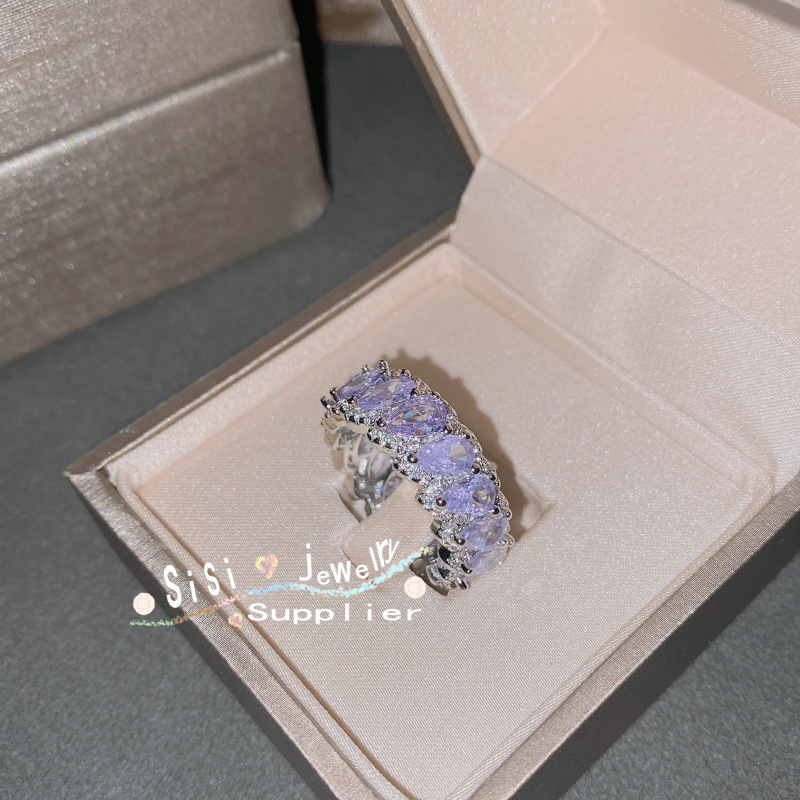 sisi璀璨宝石戒指 镀18k金 八心八箭锆石满天星古巴链条排戒指环