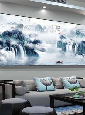 DMC KS十字绣蓝色富春山居图新款线绣客厅大幅风景山水画2米5满绣