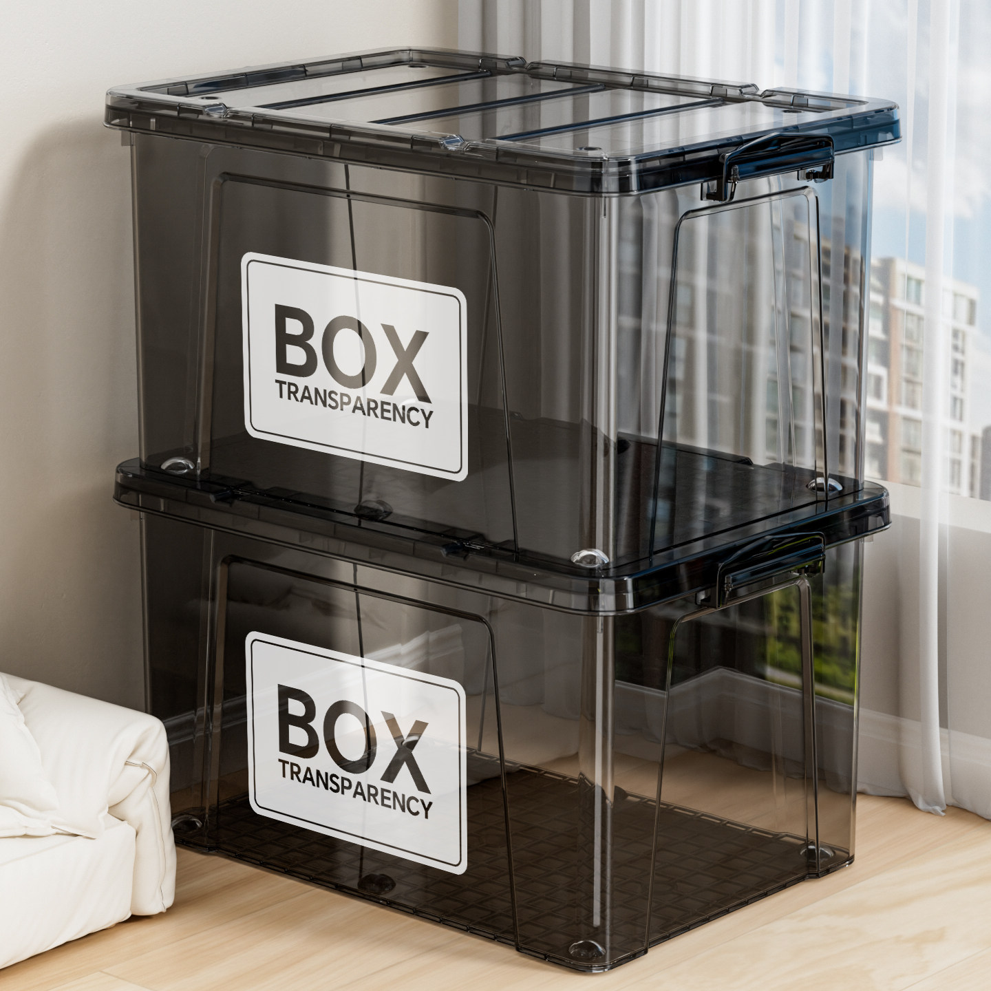 简约透明塑料收纳箱大容量书籍整理箱家用提手高颜值卡扣式储物箱