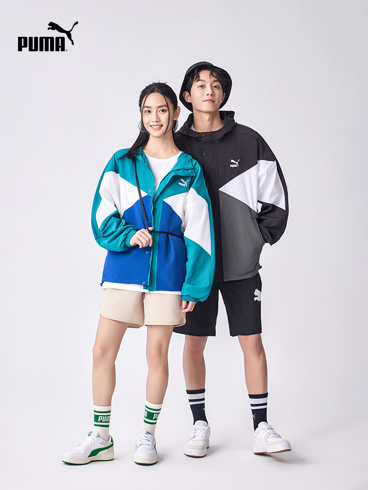 PUMA 남성 및 여성 커플 야외 스포츠 TANGRAM 착용 색상 매칭 후드 우븐 재킷 628202