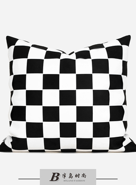 「棋盘格」手工BV编织复古黑白色格子麂皮绒抱枕售楼处样板间靠包
