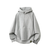 宽松型套头休闲风长袖 连帽卫衣男宽松半拉链灰色休闲上衣2025新款