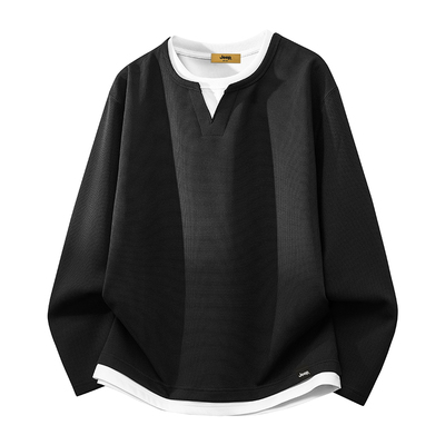 美式假两件撞色长袖卫衣男士春季宽松圆领休闲上衣男装