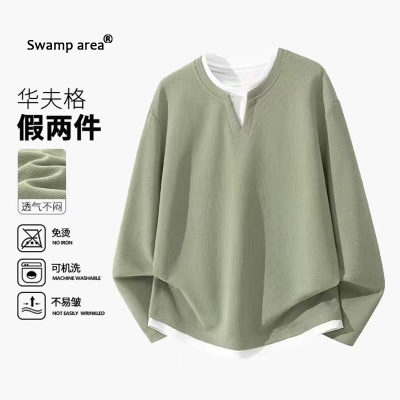 SWAMP AREA假两件长袖t恤男春秋内搭男款v领卫衣华夫格打底衫上衣