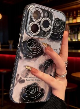 羽纱精孔暗黑系玫瑰花适用OPPO A6GT RENO15/PRO A5PRO A3i新款FINDX9/PRO全包镜头膜A2 A1 A58 K12S手机壳