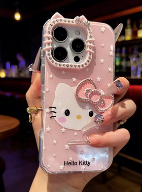 适用iPhone17镶钻边边红色蝴蝶结卡通kitty苹果16promax/15/13pro仙女个性小众14pro个性可爱大孔镜框女士软