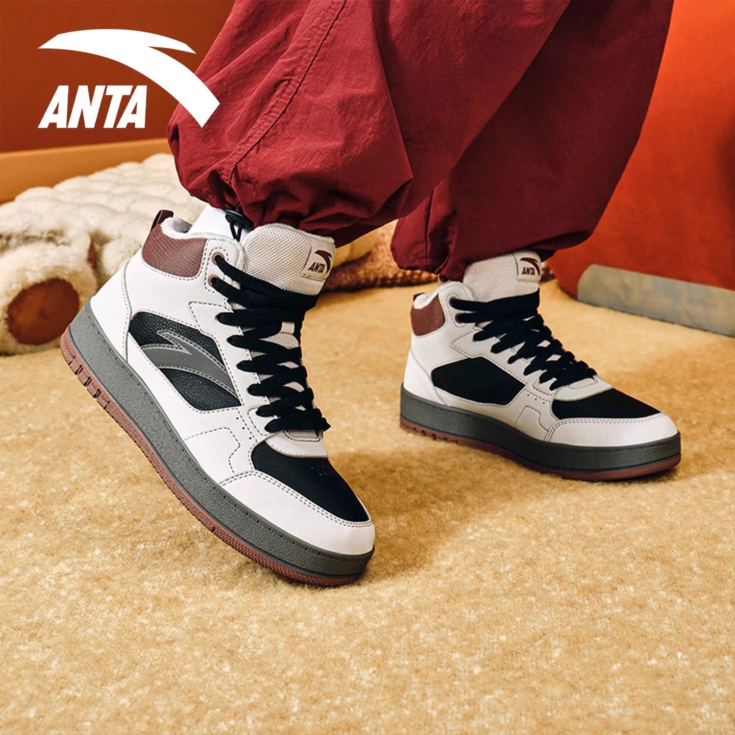 安踏高帮鞋子女鞋加绒板鞋冬季皮面运动休闲鞋2025年新款百搭棉鞋