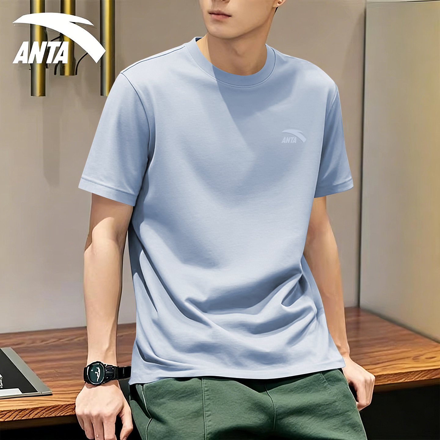 安踏短袖男士官方旗舰正品夏季新款纯色透气宽松运动体恤棉t恤