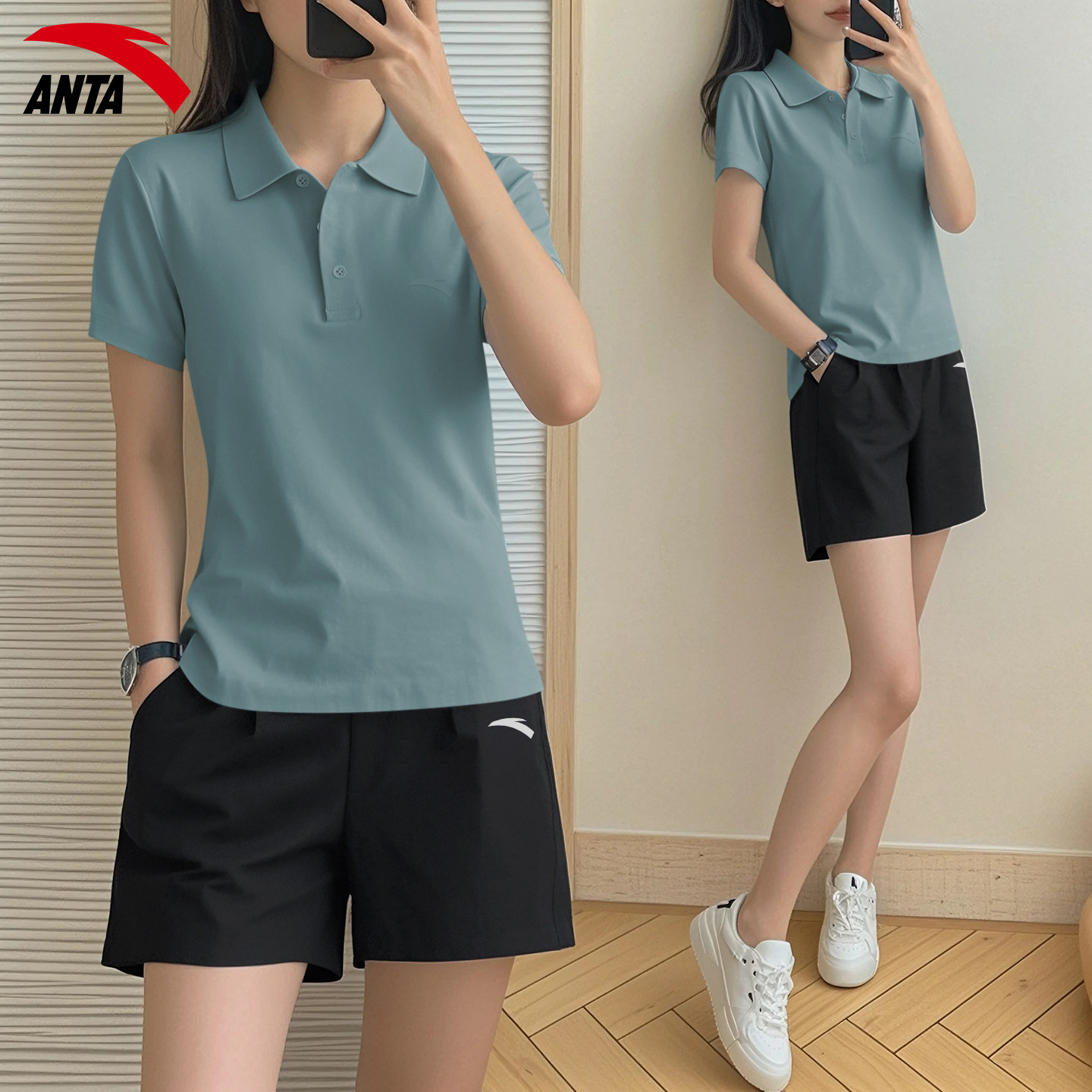 安踏运动套装女POLO衫夏季冰丝短袖T恤短裤速干休闲宽松透气两件