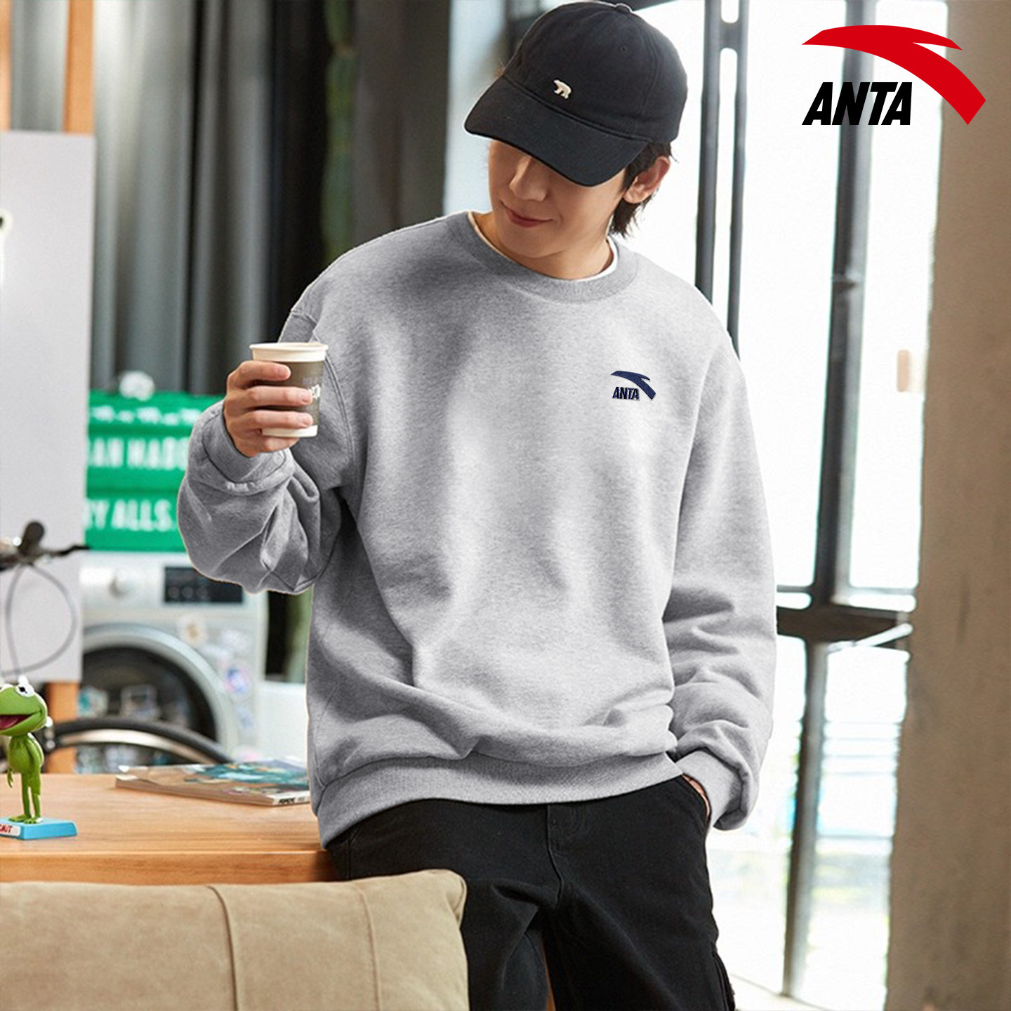 安踏卫衣男2026秋季新款灰色圆领休闲长袖t恤宽松大码套头衫薄款