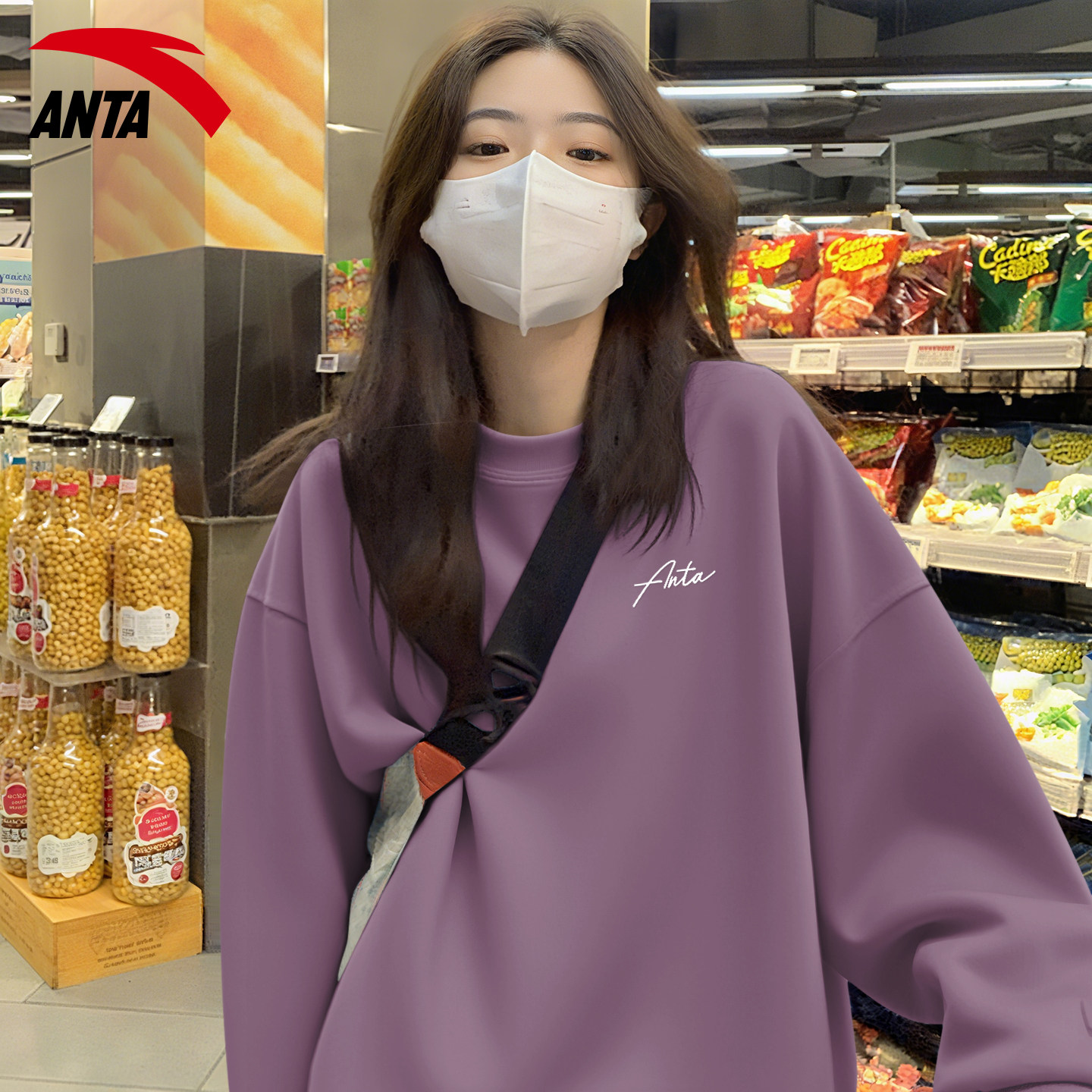 安踏长袖运动卫衣女秋季2026新款时尚百搭休闲打底衫圆领宽松上衣