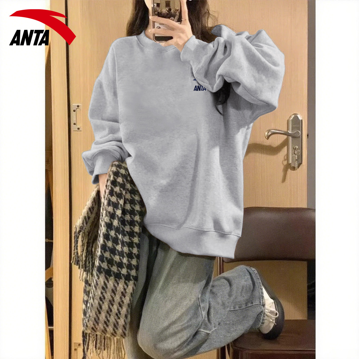 安踏卫衣女2026春新款情侣oversize休闲慵懒风t恤宽松大码衫薄款