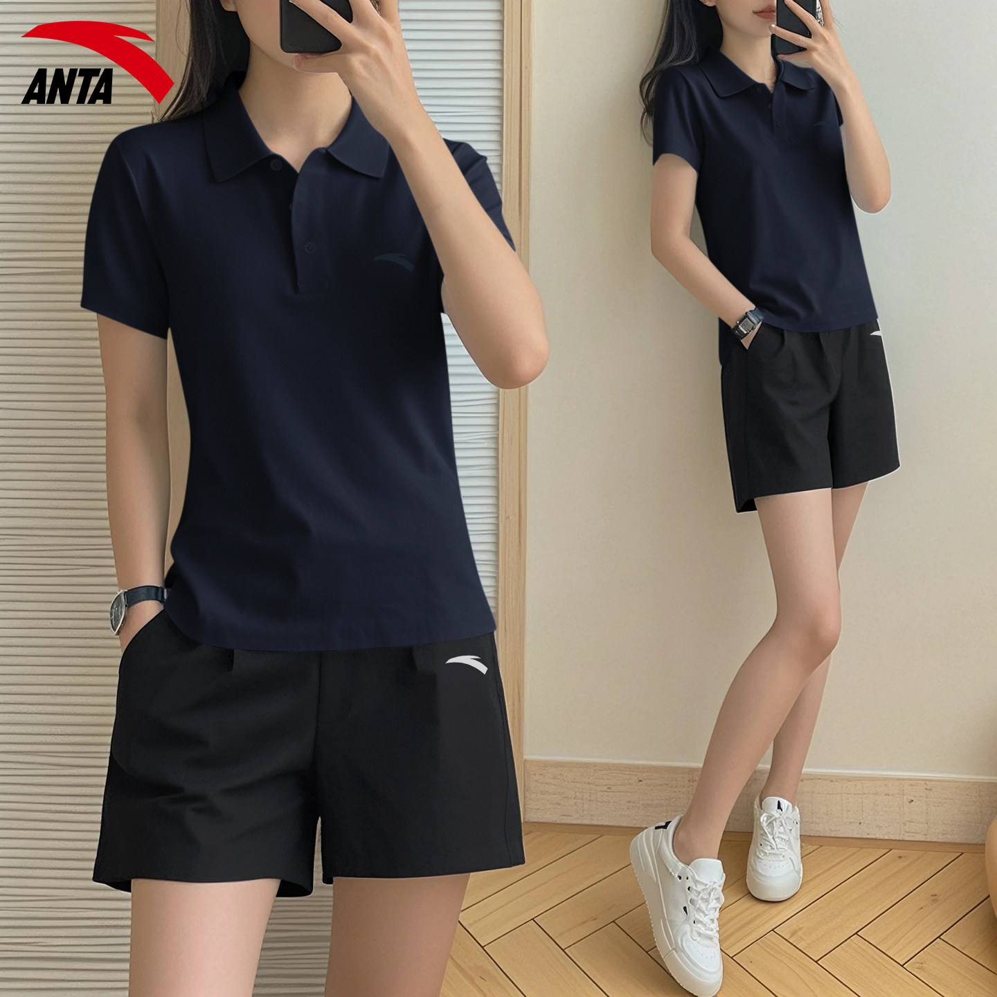 安踏运动套装女POLO衫夏季冰丝短袖T恤短裤速干休闲宽松透气两件