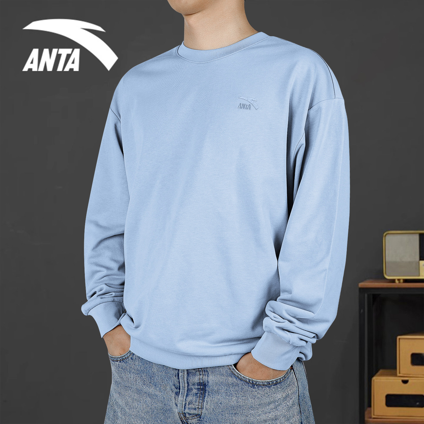 安踏卫衣男款2025秋新款情侣款休闲慵懒风t恤宽松大码衫薄款