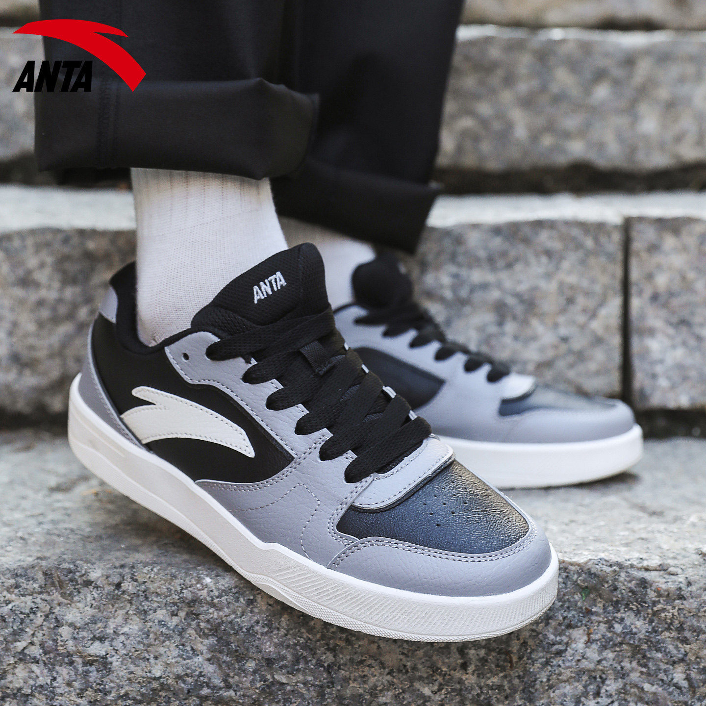 安踏男鞋路冲丨撞色板鞋男款复古休闲鞋子2026新款皮面低帮运动鞋