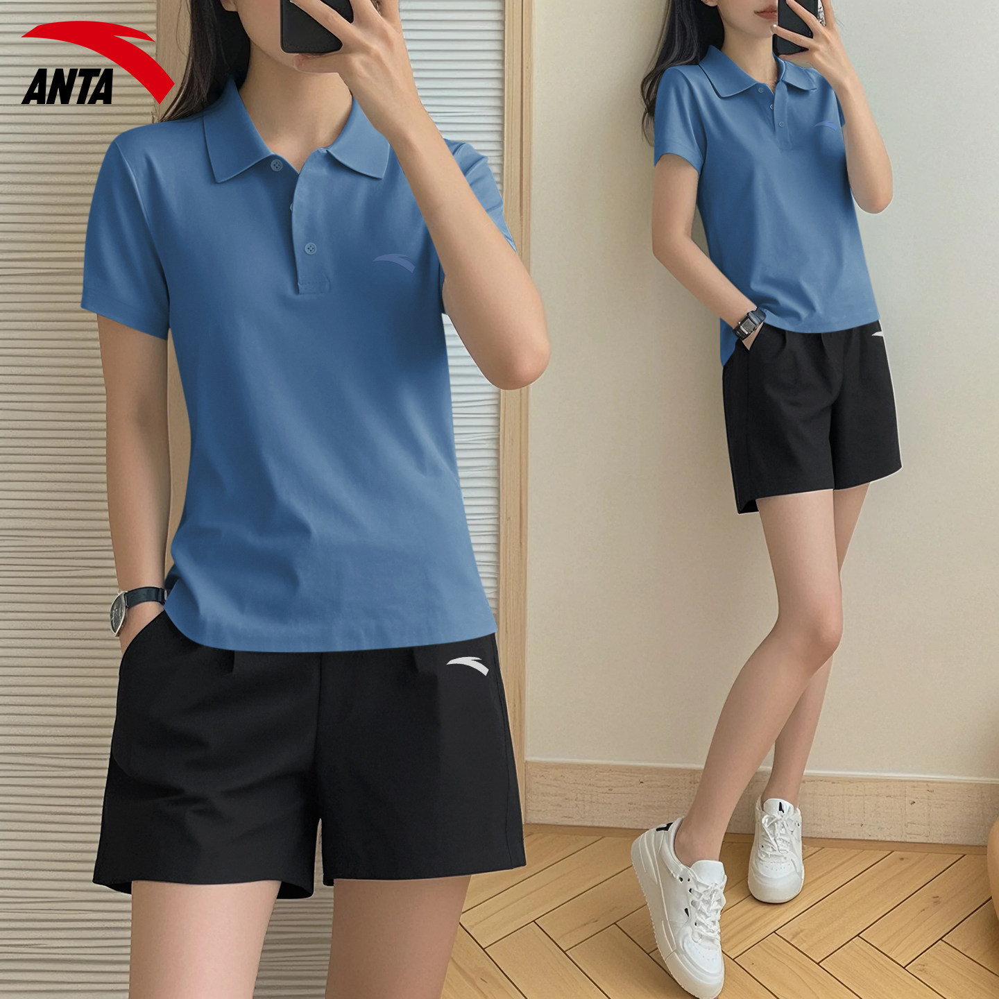 安踏运动套装女POLO衫夏季冰丝短袖T恤短裤速干休闲宽松透气两件