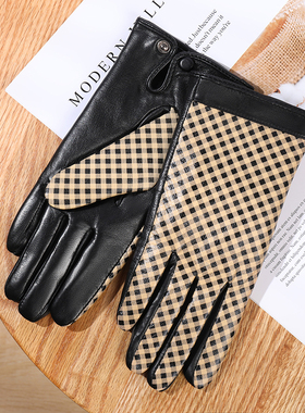 女式真皮手套冬季保暖触屏山羊皮印花格纹分指加绒防风骑行开车
