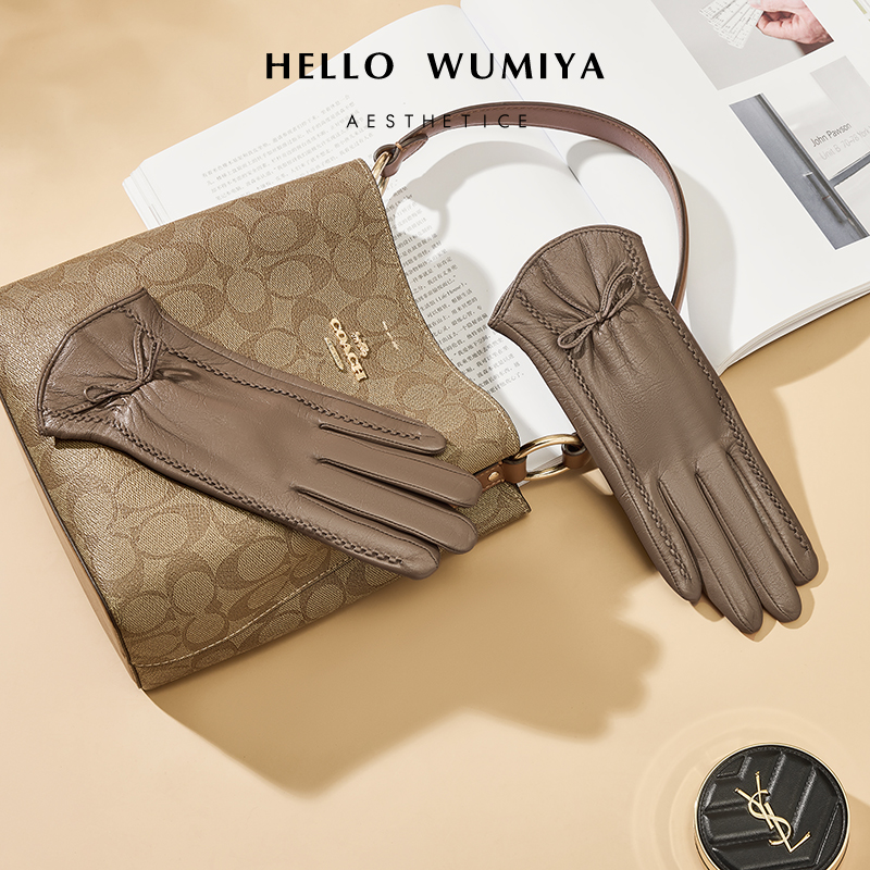 进口山羊皮手套女士冬季加绒加厚保暖触屏开车薄款骑行软皮蝴蝶结