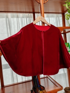 新款四色真丝丝绒旗袍披肩斗篷 酒红丝绒上衣手工制作 复古优雅