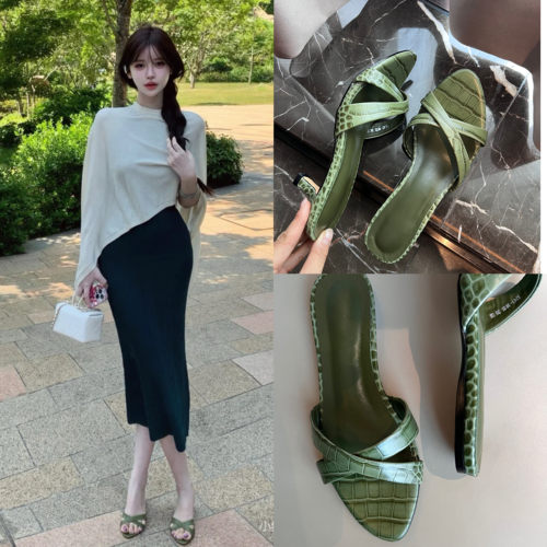 部分现货jill大姐姐同款小众特别定染墨绿色鳄鱼纹交叉小跟凉拖鞋