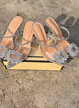 方扣水钻半拖鞋女尖包头2025火爆款网红镶钻细粗高跟水晶穆勒外穿