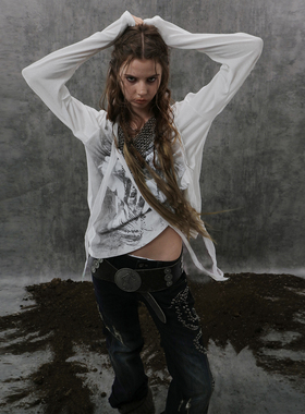 DoublePunch早秋原创落肩朋克印花异型袖丝带设计圆领长袖T恤